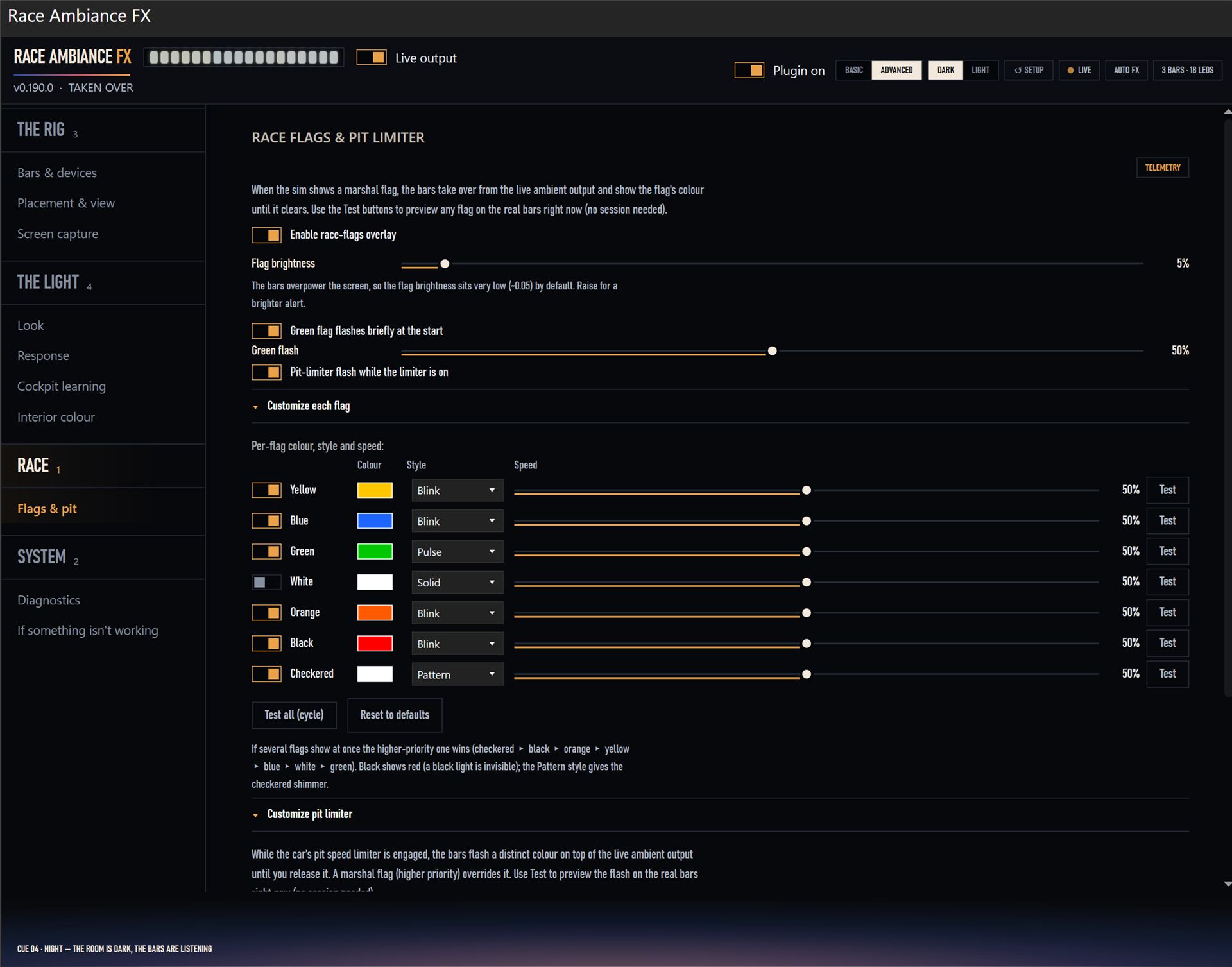 Advanced mode, Race flags and pit limiter: per-flag colour, style and speed settings, each with a test button