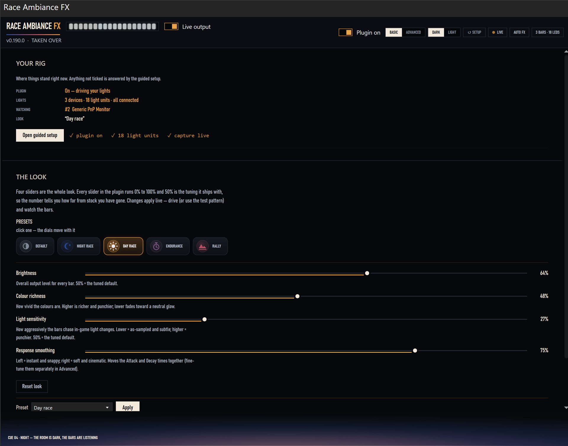 Race Ambiance FX in Simple mode: rig status with guided setup, five presets, and four sliders for brightness, colour richness, light sensitivity and response smoothing