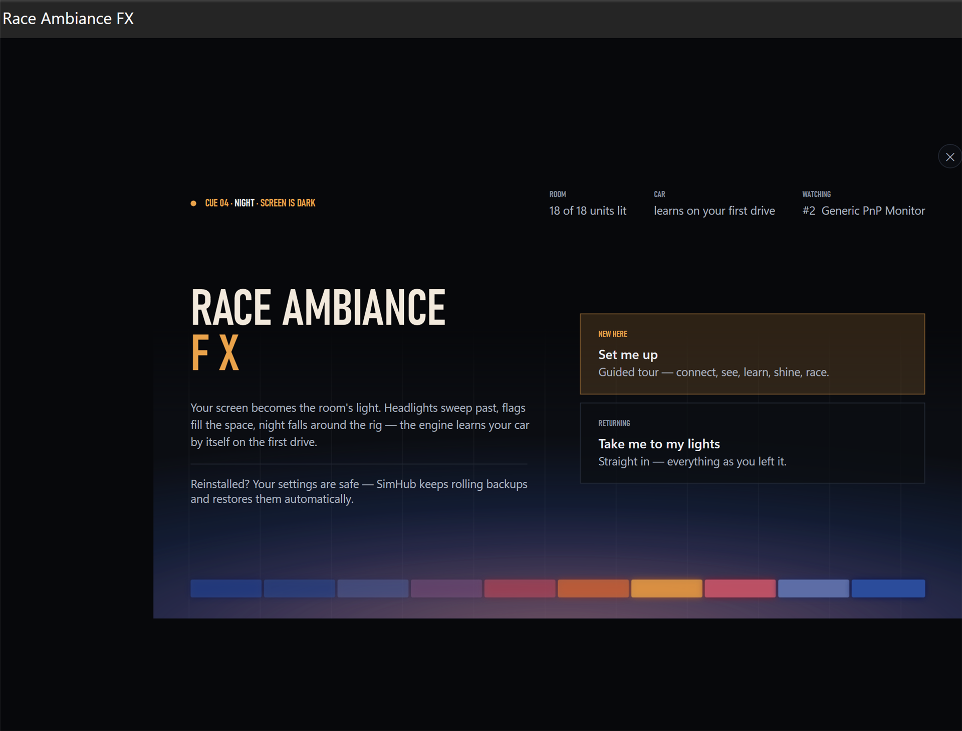 Race Ambiance FX running inside SimHub: the plugin's welcome screen with a guided 'Set me up' tour, a 'Take me to my lights' shortcut, and a colored light-bar preview along the bottom